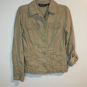 EDDIE BAUER khaki cotton linen blend military utility jacket size XS